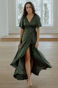 Vara Satin Maxi Wrap Dress | Juniper Green