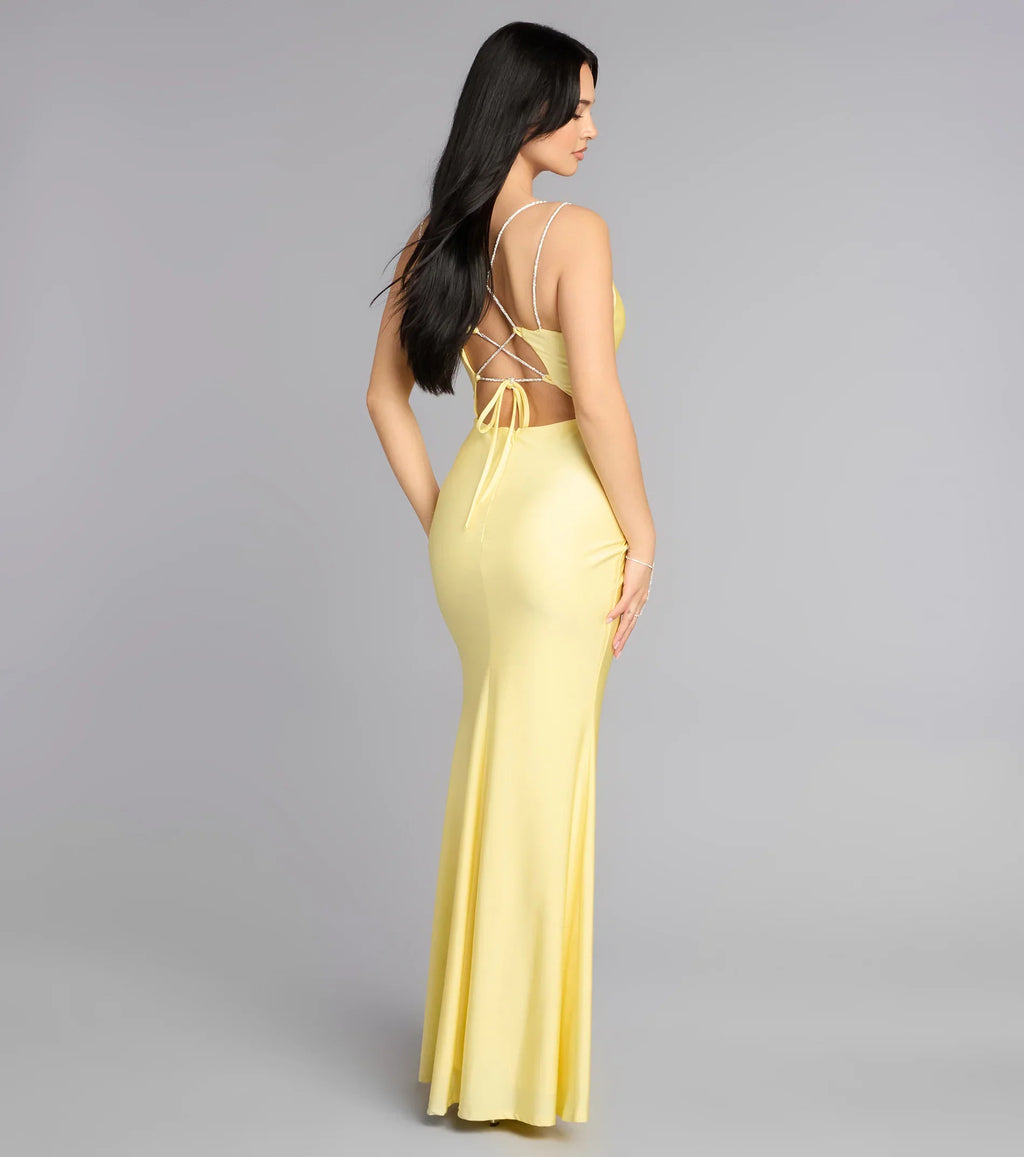 Eve V-Neck Rhinestone Lace-Up Formal Dress