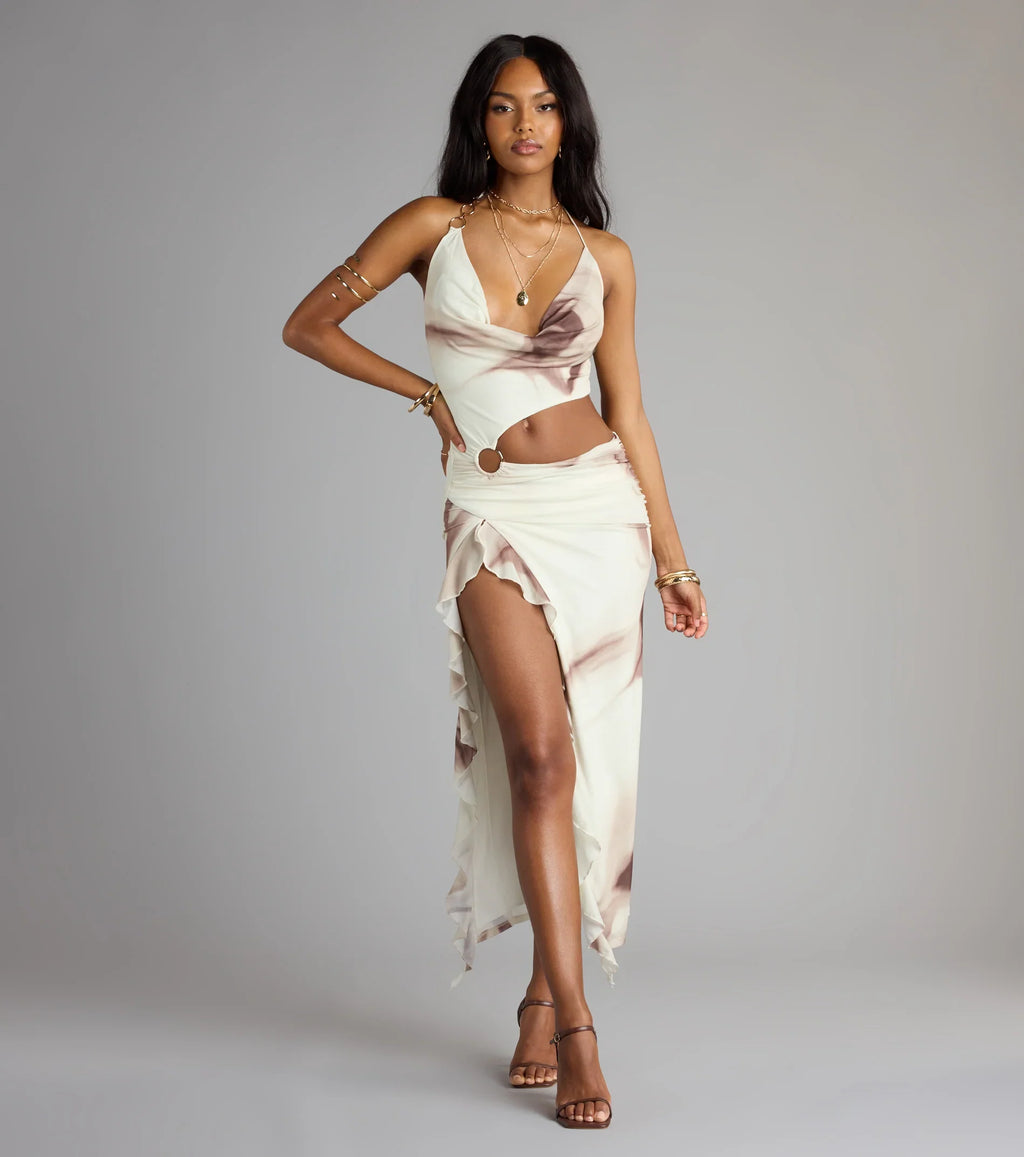Guest List Glam Abstract Halter Maxi Dress