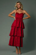 Violetta Embossed Tiered Dress | Deep Red