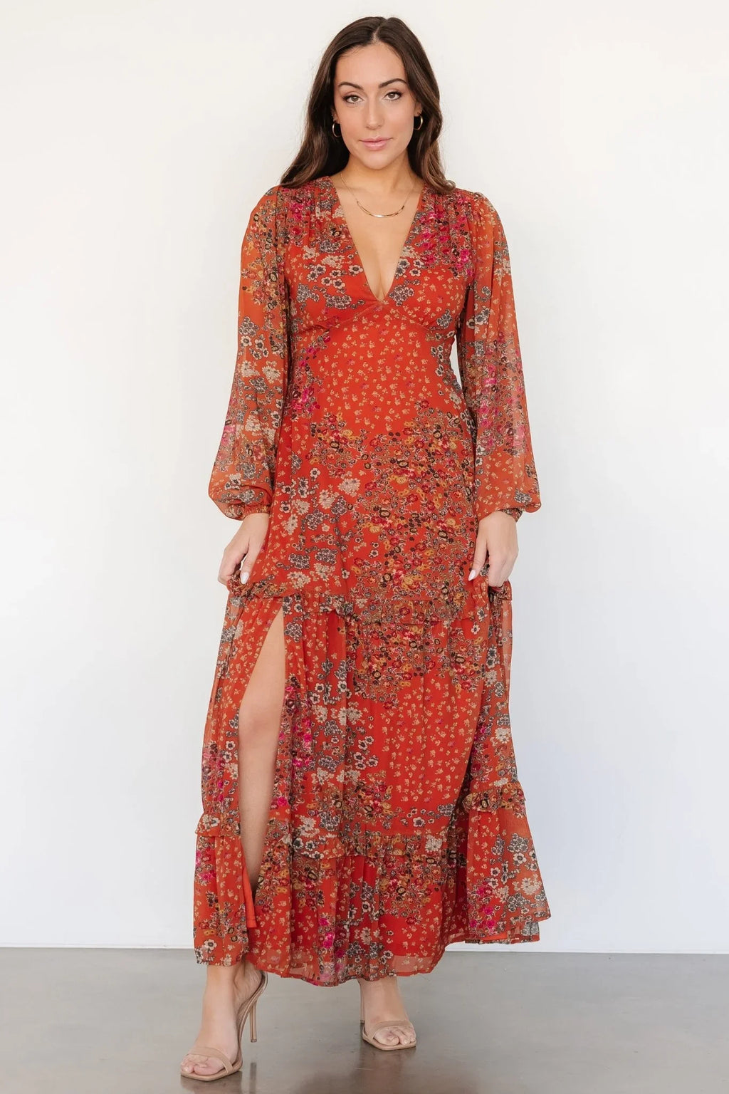 Bowman Deep V Maxi Dress | Rust Multi