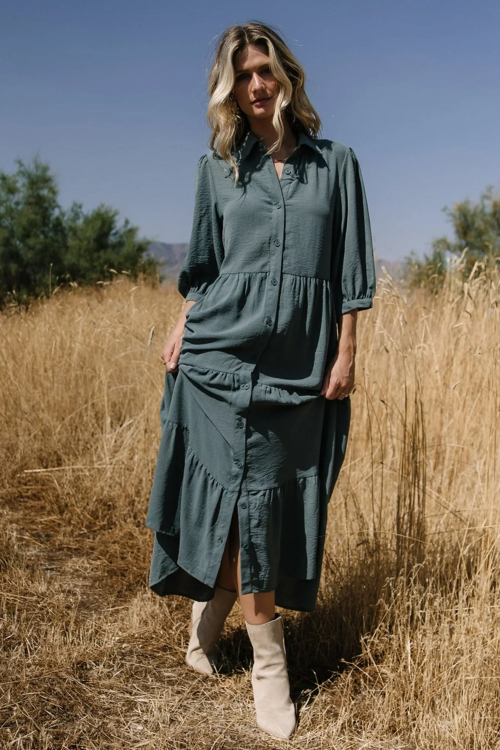 Sandy Button Tiered Dress | Jade