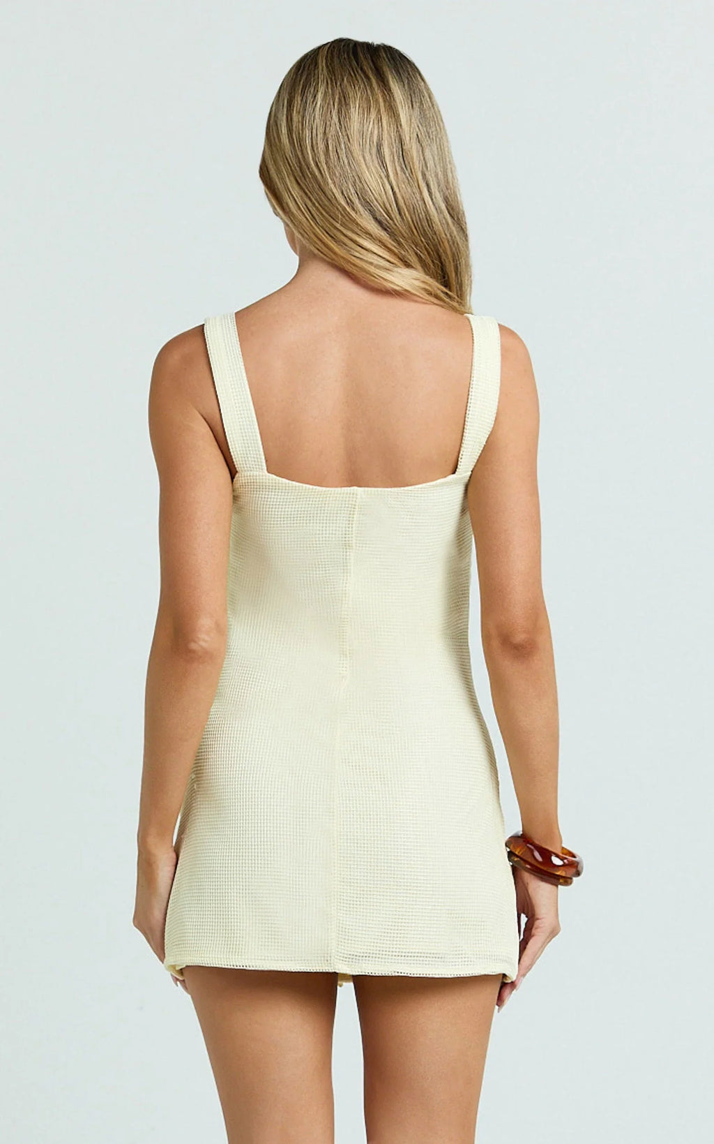 Sienna Mini Dress - Square Neck Floral Embroidered A Line Dress in Lemon