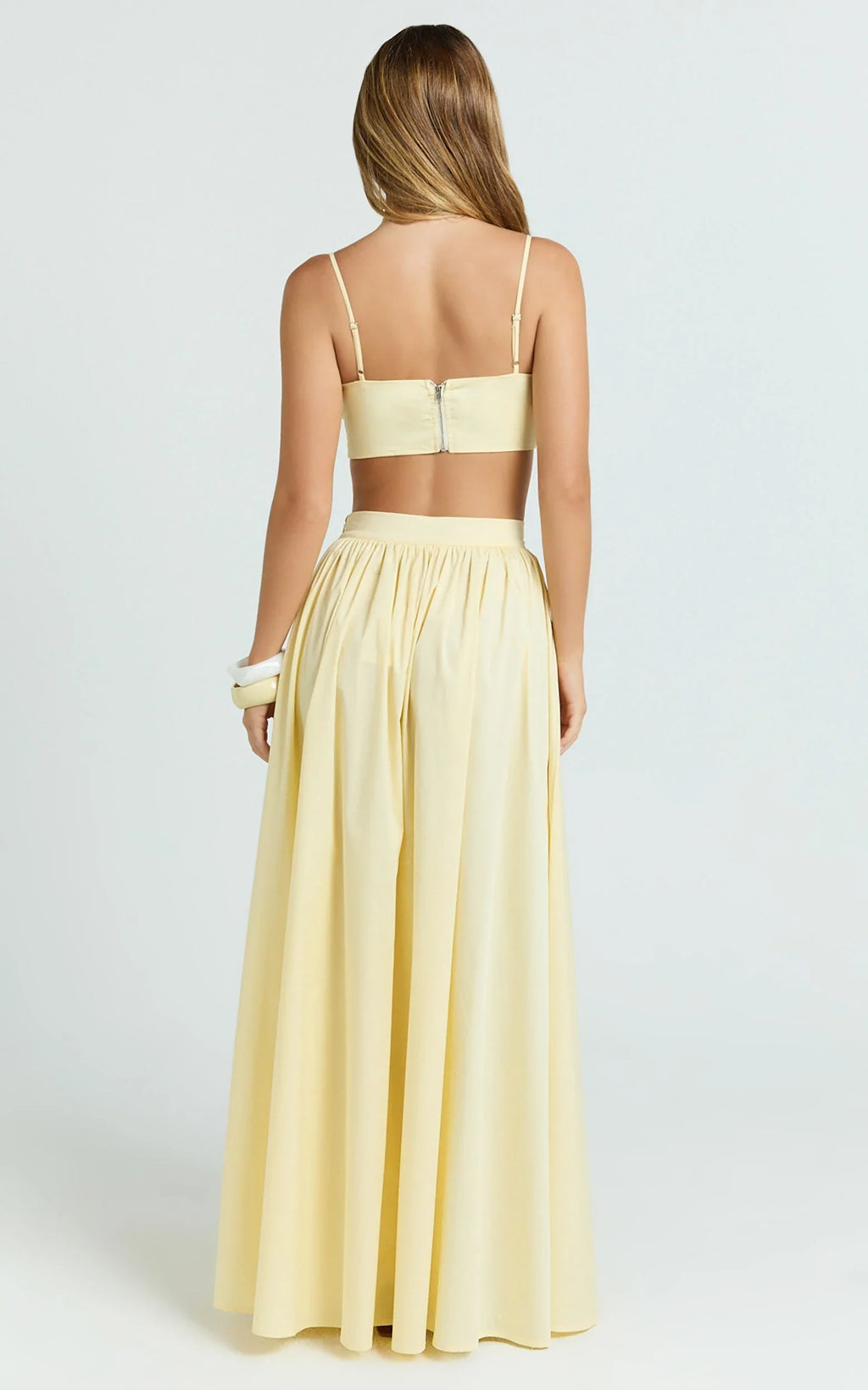 Tegan Two Piece Set - Straight Neck Micro Crop Top and A Line Maxi Skirt Set in Butter Yellow
