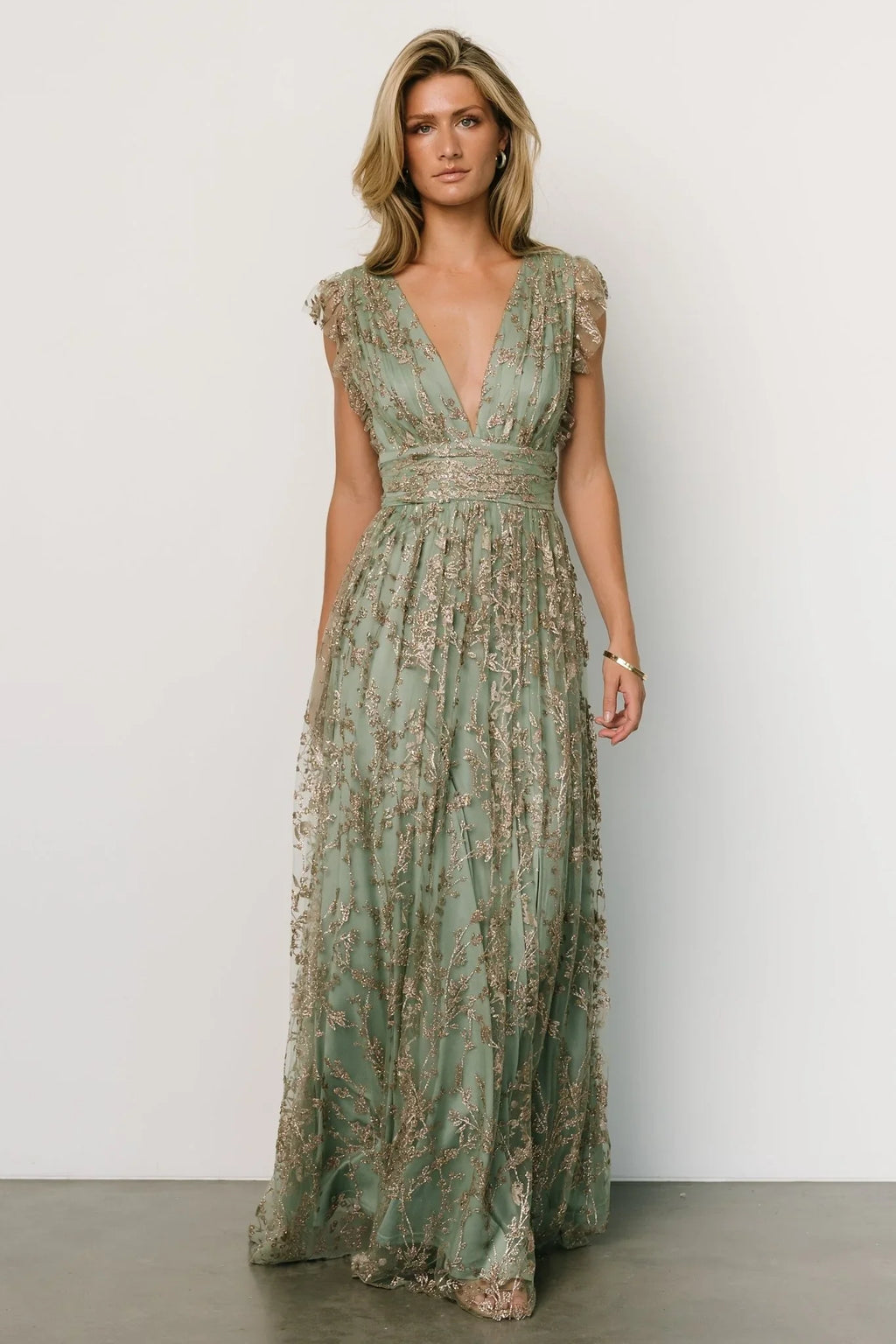 Arlene Shimmer Gown | Sage + Gold