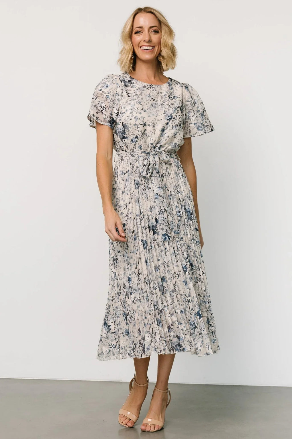 Alexandra Pleated Dress | Off White + Blue