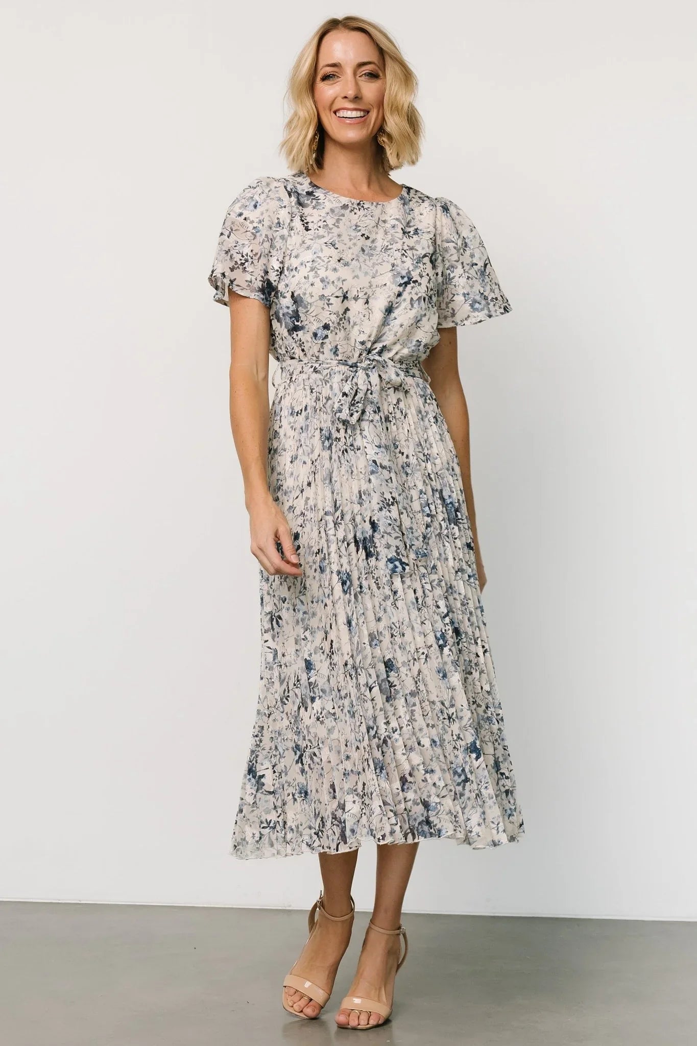 Alexandra Pleated Dress | Off White + Blue