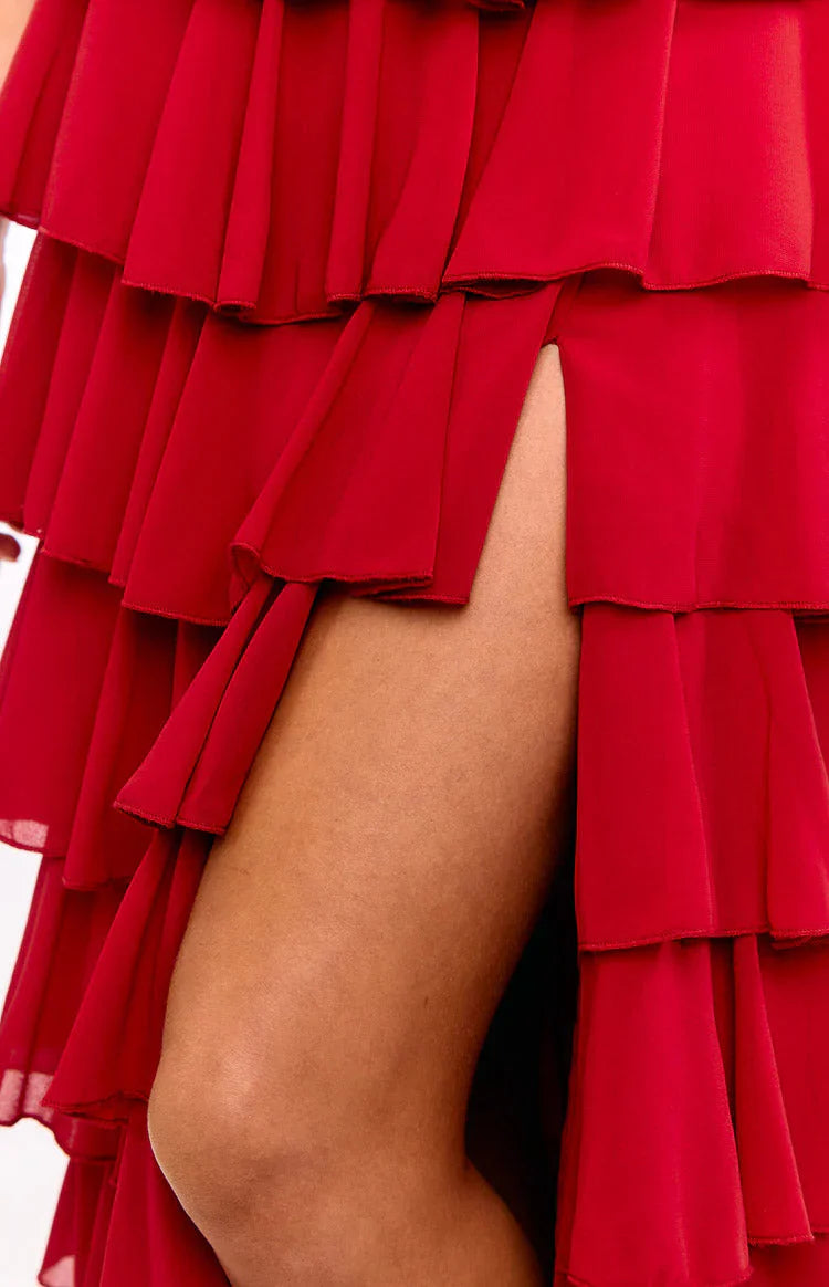 Kim Red Strapless Ruffle Maxi Dress