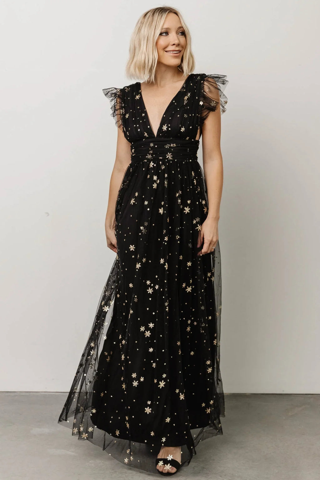 Nova Shimmer Maxi Dress | Black + Gold