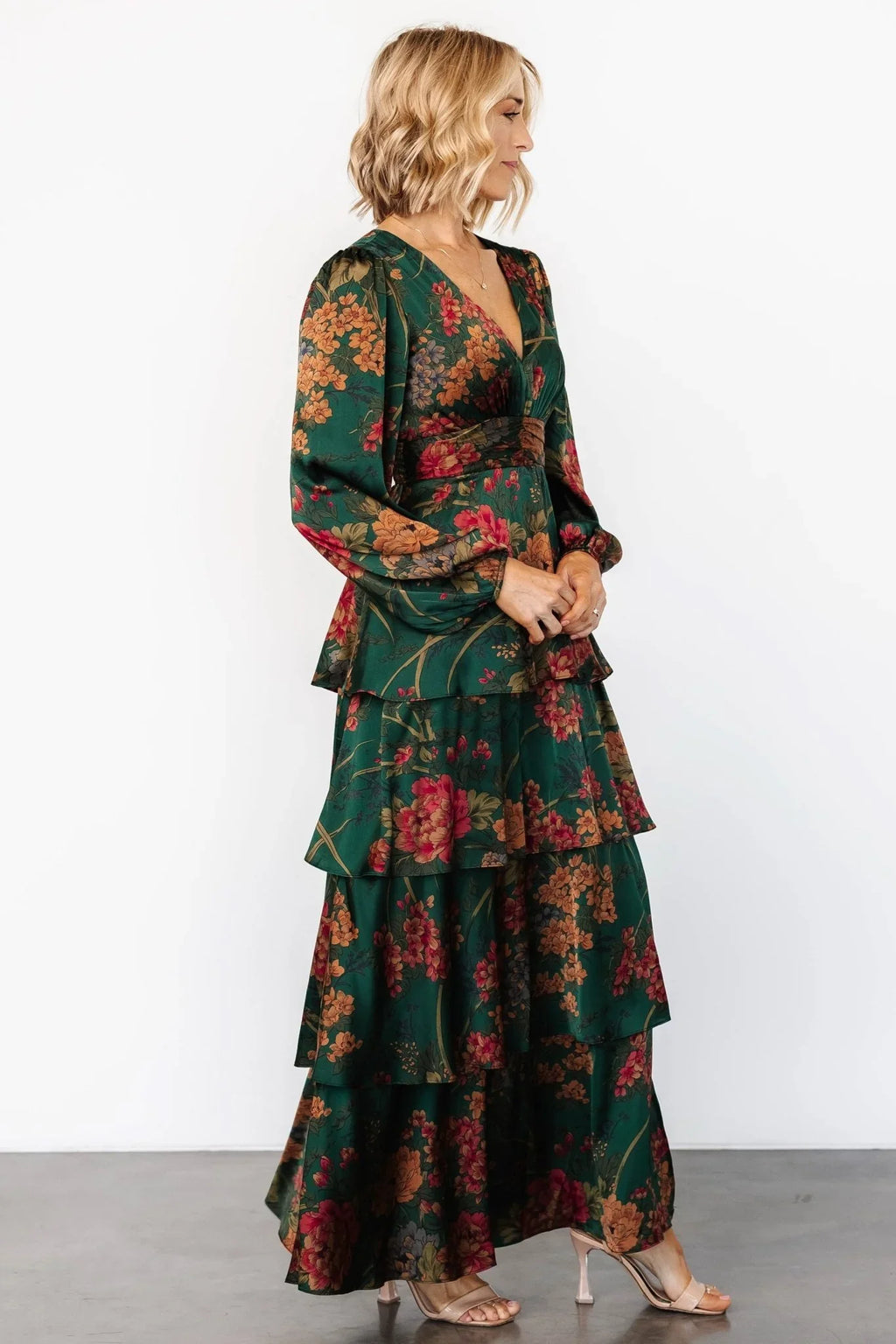 Montrouge Tiered Satin Dress | Emerald Floral