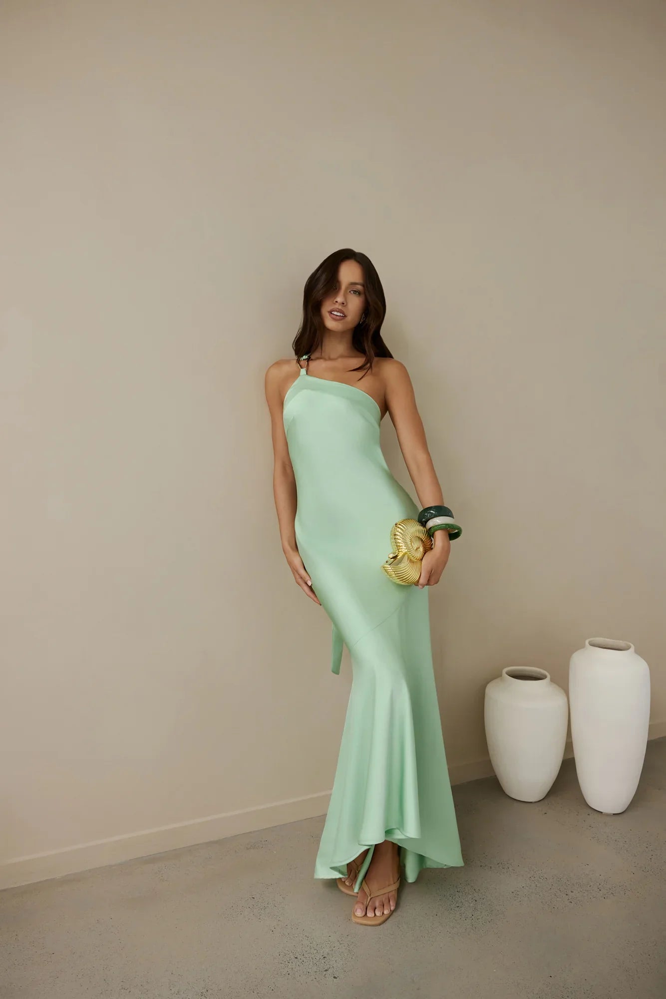 Champagne Chat One Shoulder Maxi Dress Green
