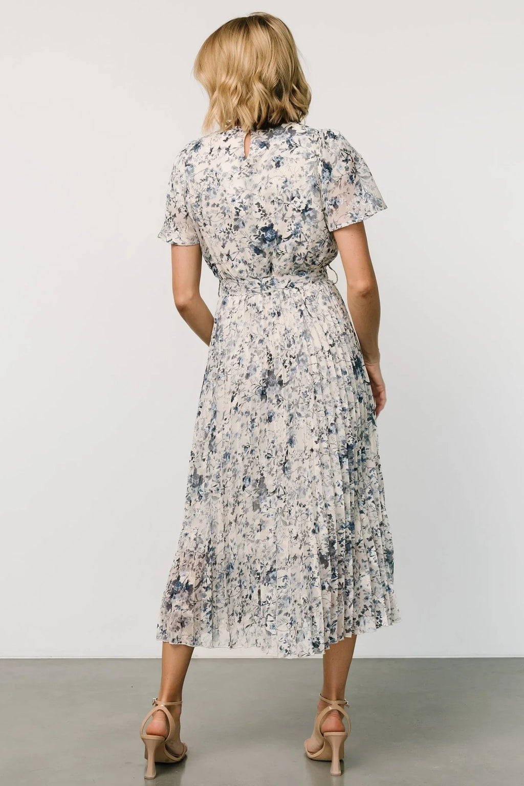 Alexandra Pleated Dress | Off White + Blue