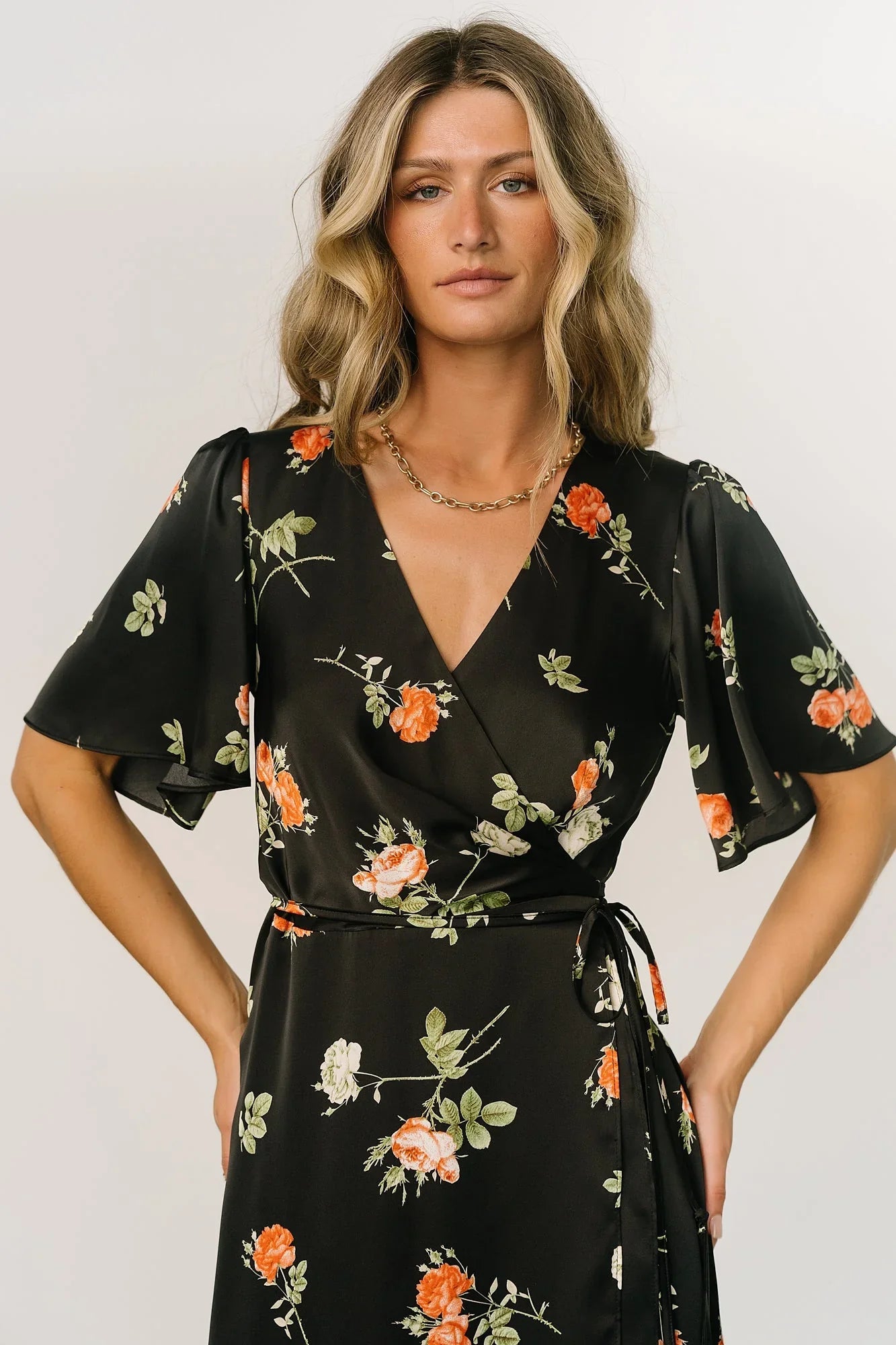 Amara Wrap Dress | Black + Coral Floral