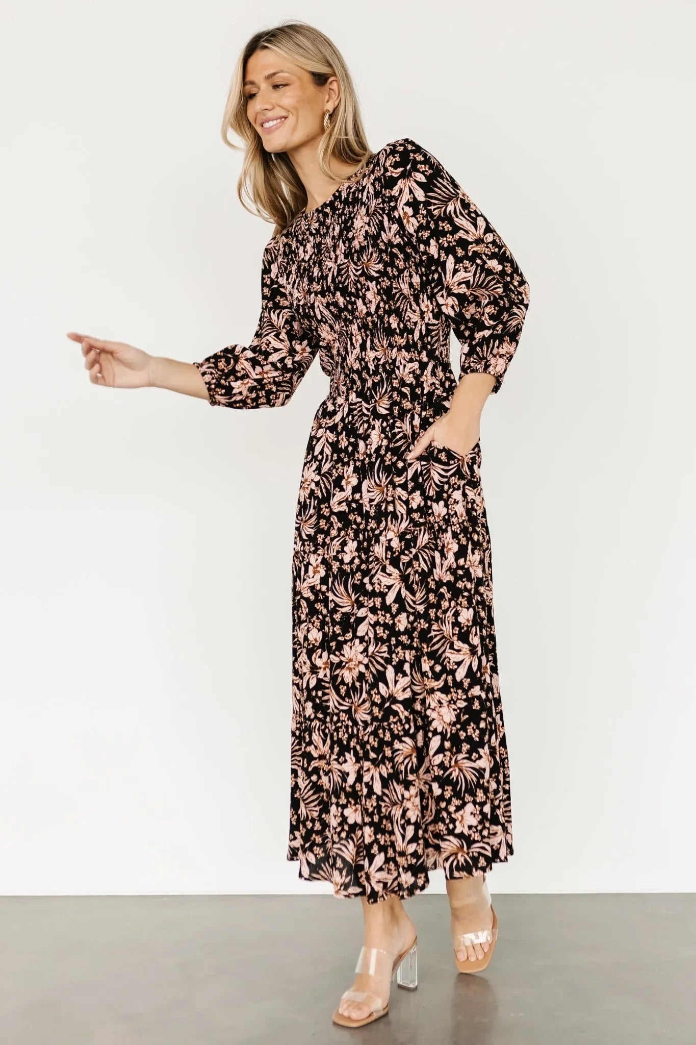 Rochelle Smocked Midi Dress | Black Multi Floral