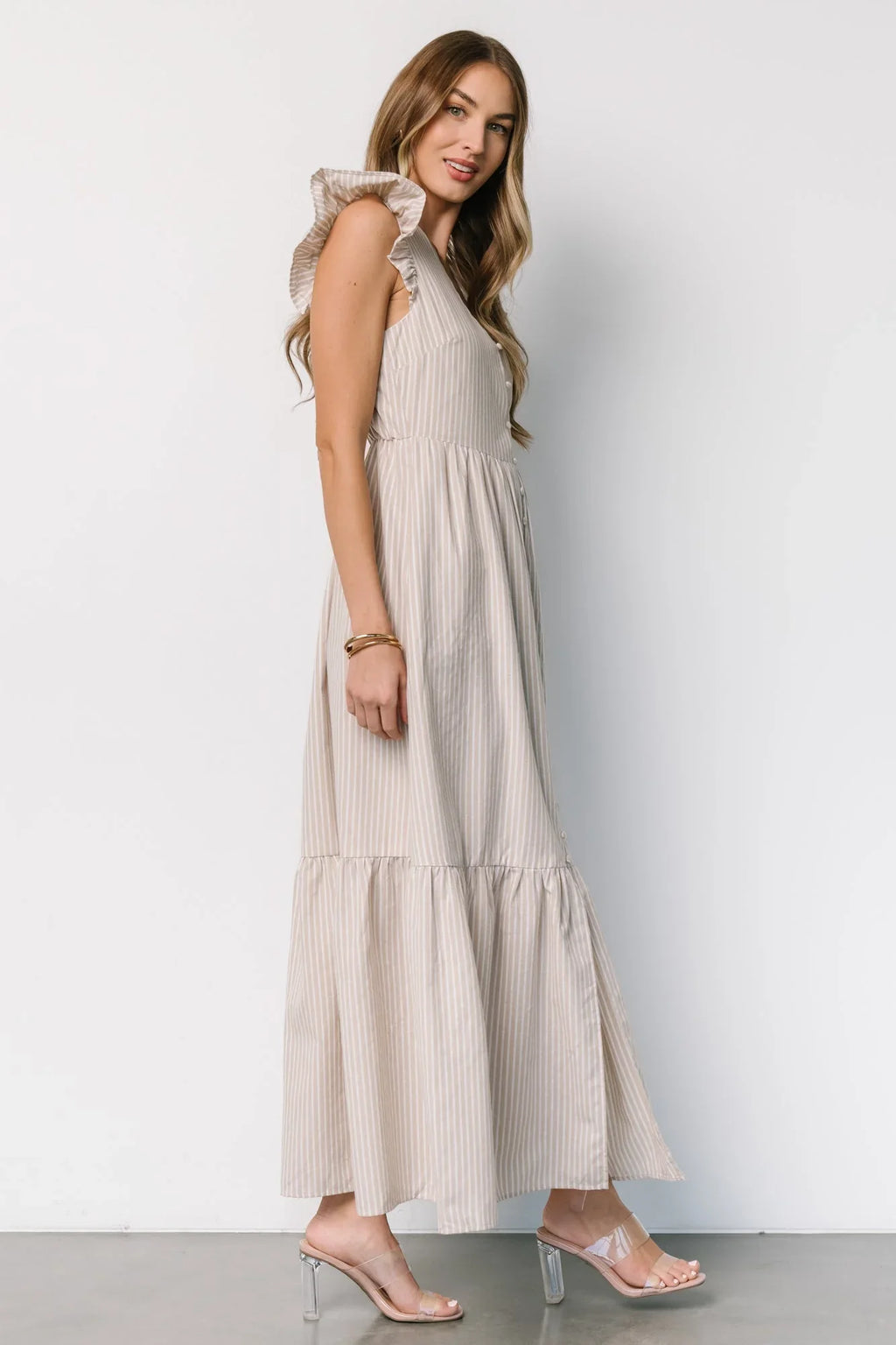 Hettie Button Maxi Dress | Beige Stripe