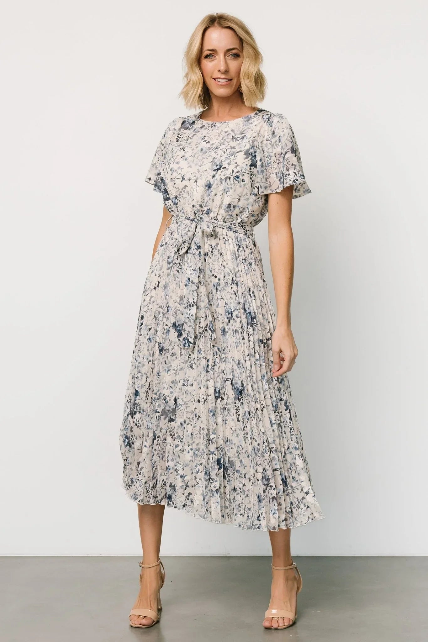 Alexandra Pleated Dress | Off White + Blue