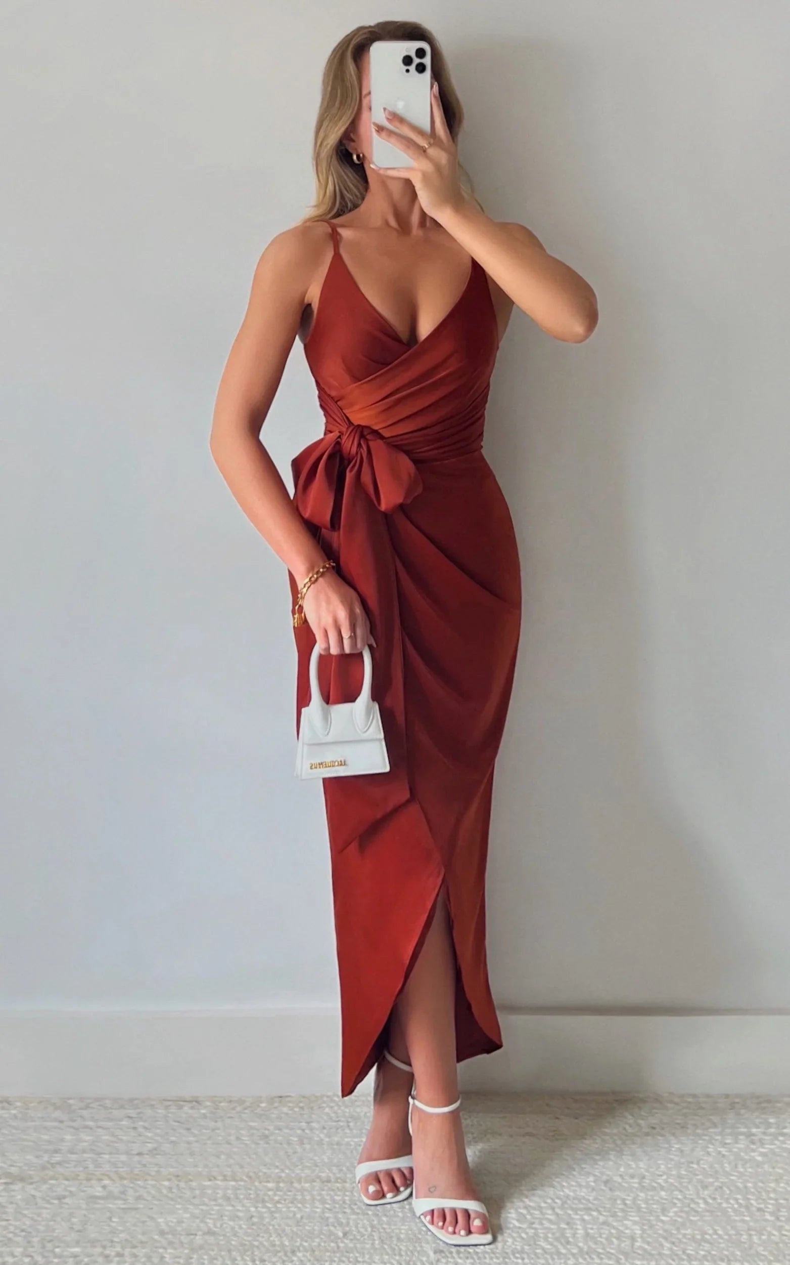 How Will I Know Midi Dress - Wrap Waist Tie Tulip Hem Dress in Copper