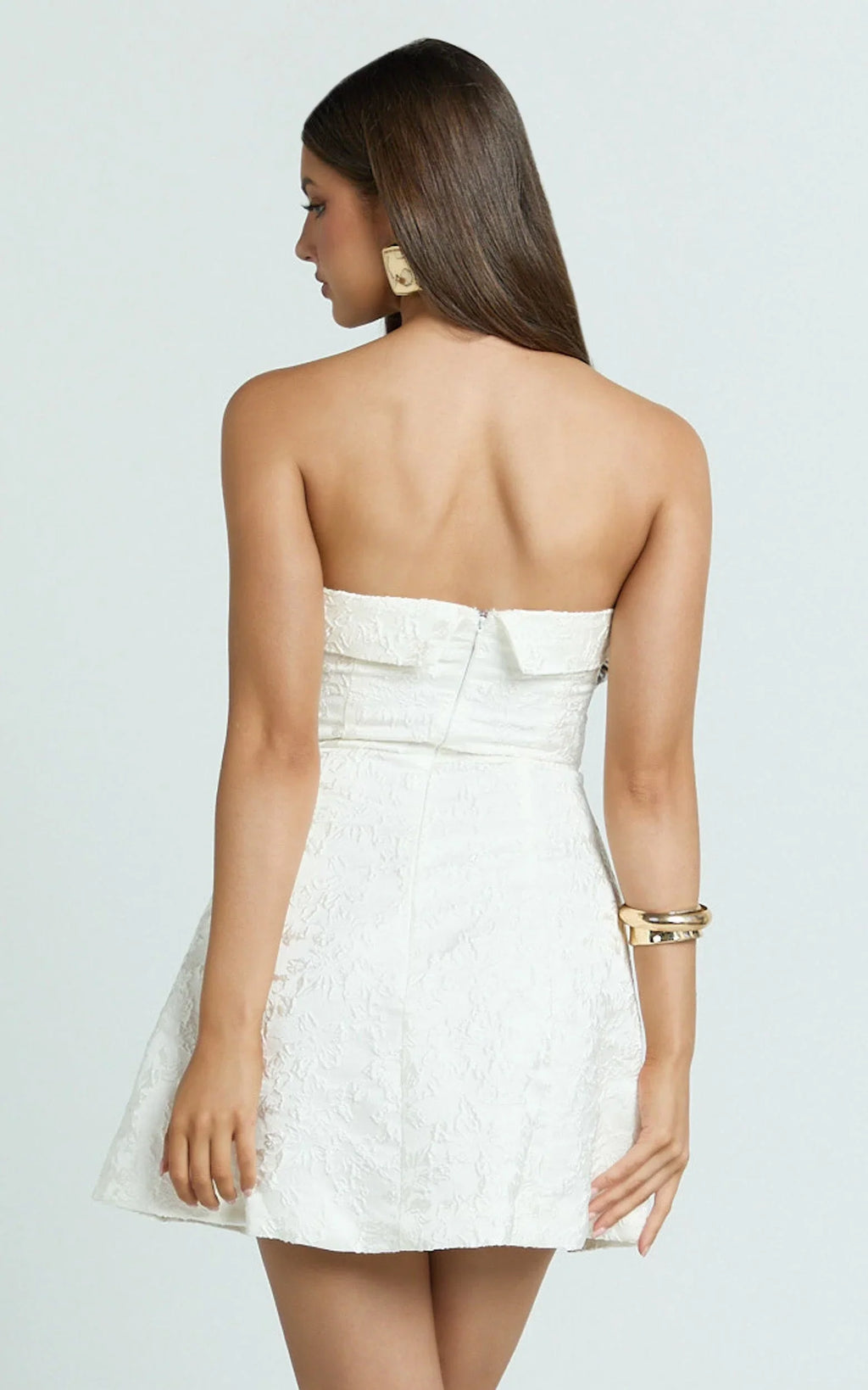 Courtney Mini Dress - Satin Paneled Strapless A Line Dress in White