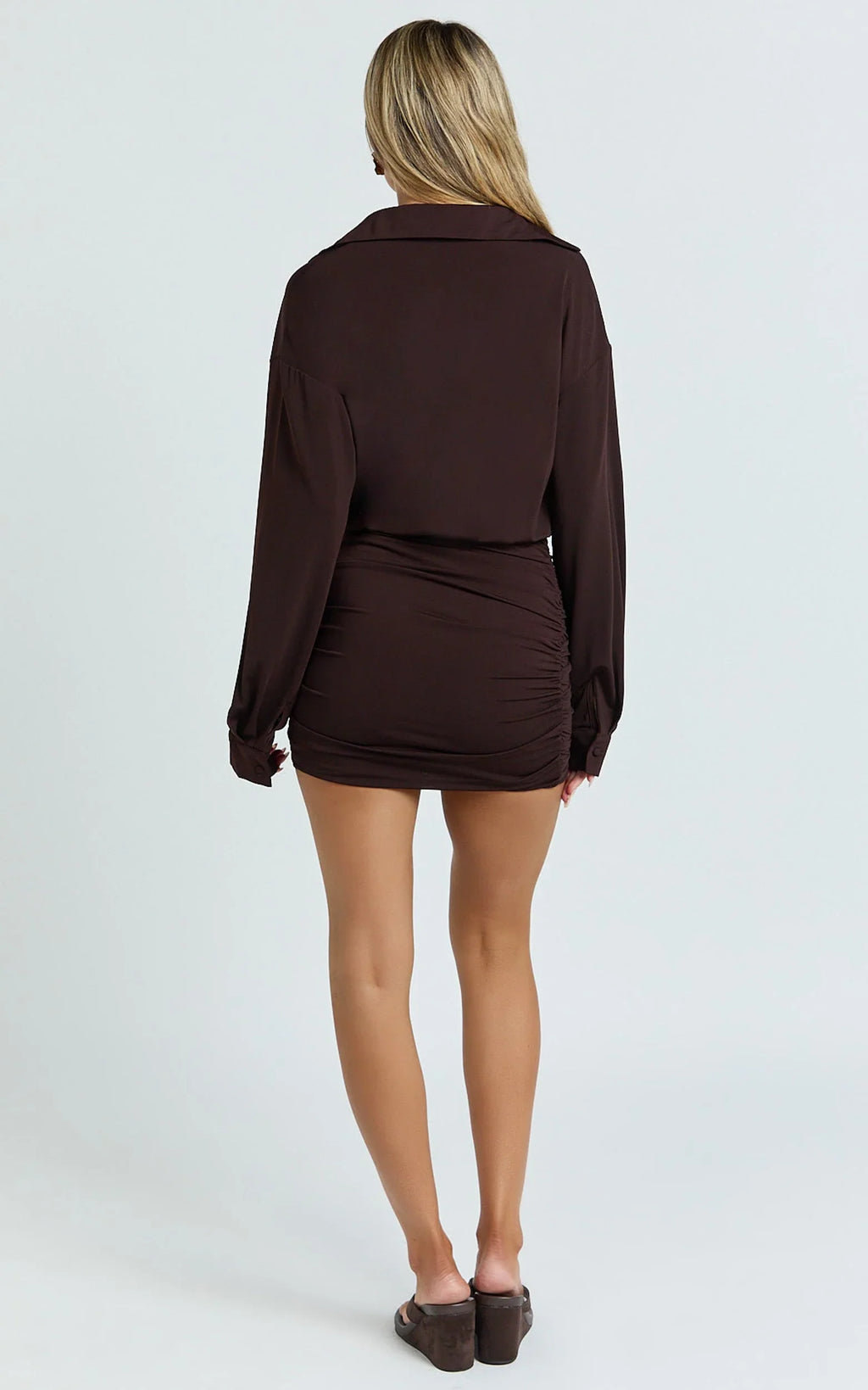 Pearce Mini Dress - Ruched Jersey Shirt Dress in Chocolate