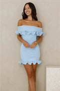 Glimmering Noir Off Shoulder Lace Mini Dress Blue
